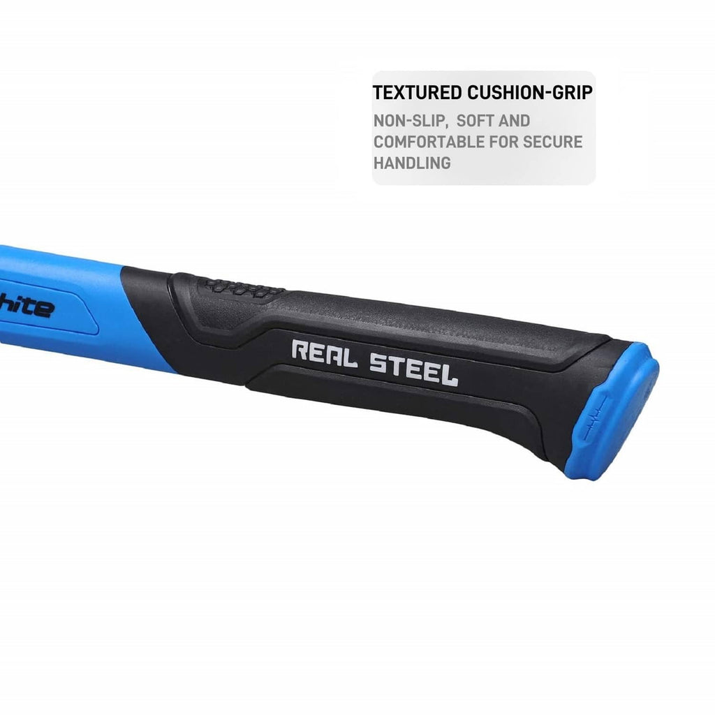 Real Steel text on blue-and-black cushioned grip claw hammer handle