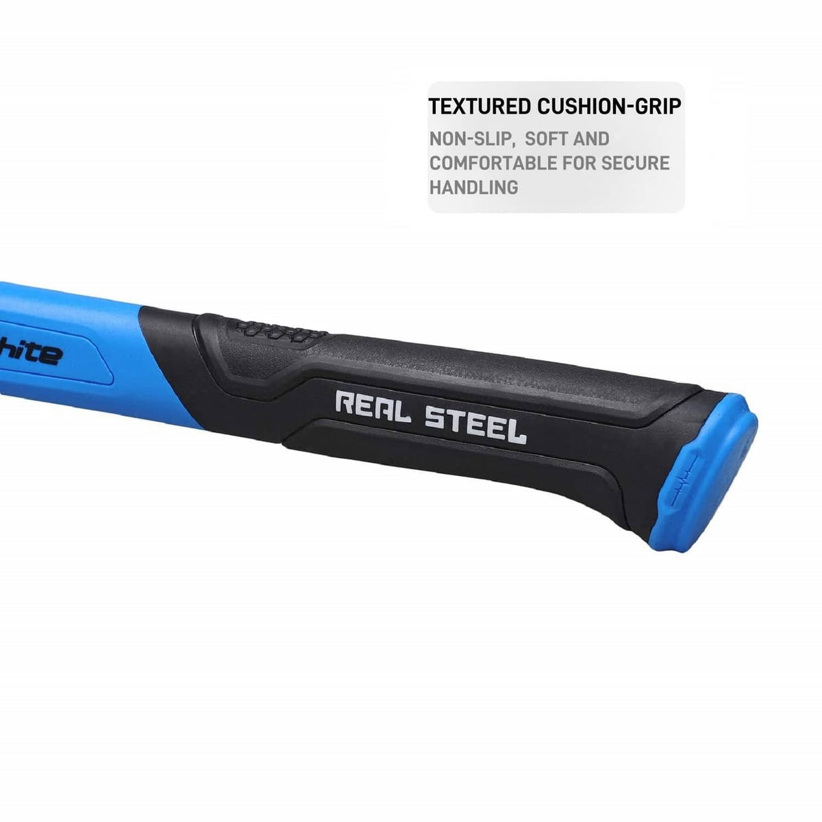 Real Steel text on blue-and-black cushioned grip claw hammer handle
