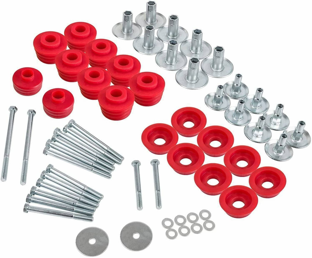 Box set body mount bushing kit with red bushings, silver bolts, and round washers