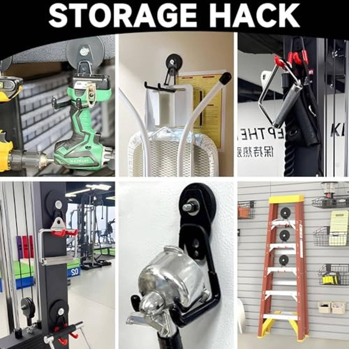 Black magnetic hooks on a wall holding tools in a workshop storage setup