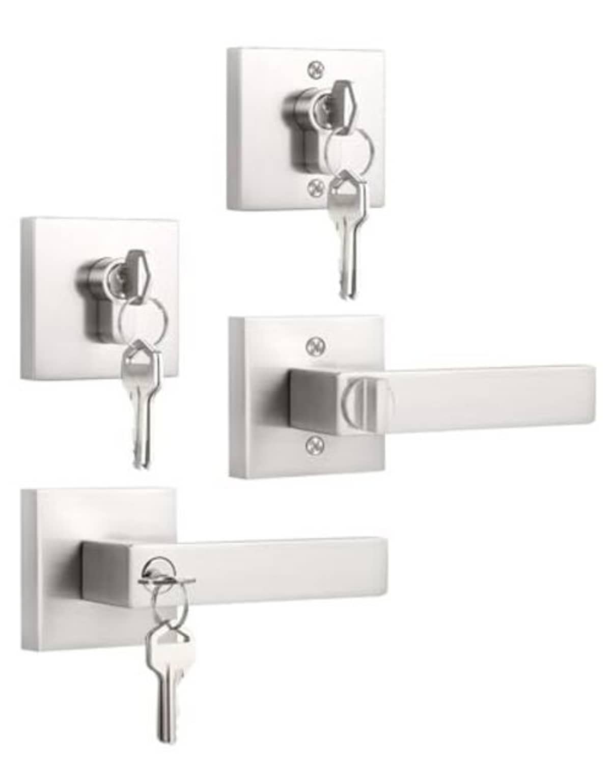 Brushed nickel double-cylinder deadbolt set with keyed entry lever and key