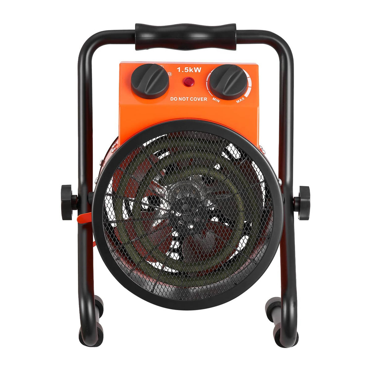 Electric greenhouse heater with orange housing, black fan grill, and two top control knobs
