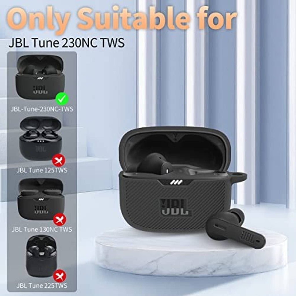 Black silicone earbud case cover with JBL logo, open compartment for earbuds