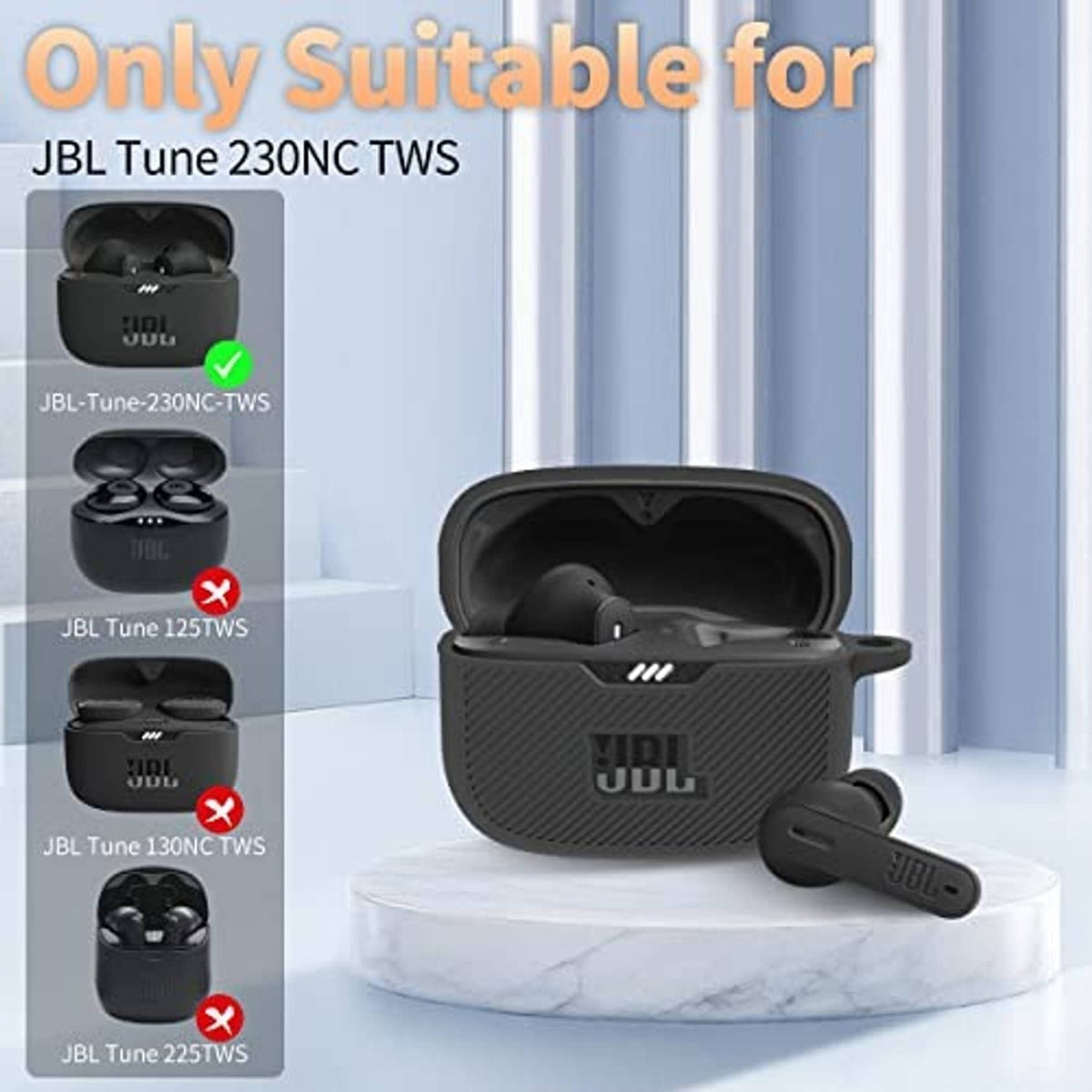 Black silicone earbud case cover with JBL logo, open compartment for earbuds