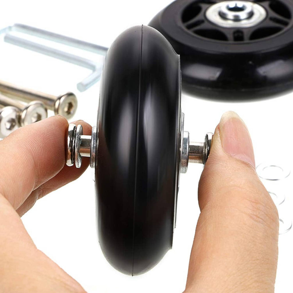 Black replacement luggage wheel with metal axle shaft and side mounting hardware