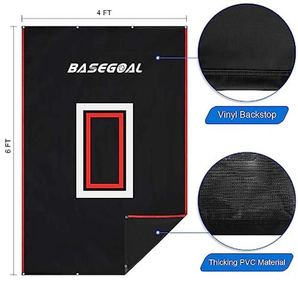 Vinyl baseball backstop sized 4 ft by 6 ft with black panel and red strike-zone graphic