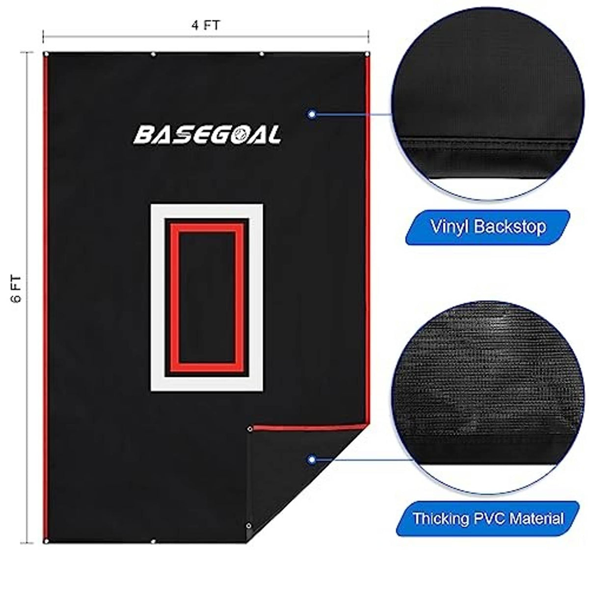 Vinyl baseball backstop sized 4 ft by 6 ft with black panel and red strike-zone graphic