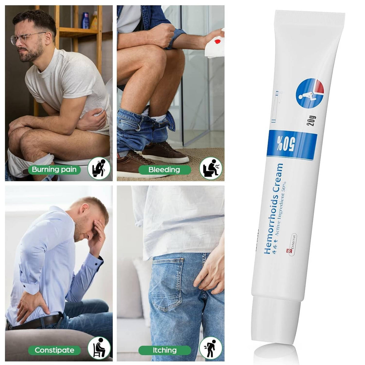 White hemorrhoid cream tube with blue % 50 label, 20 g, shown from side