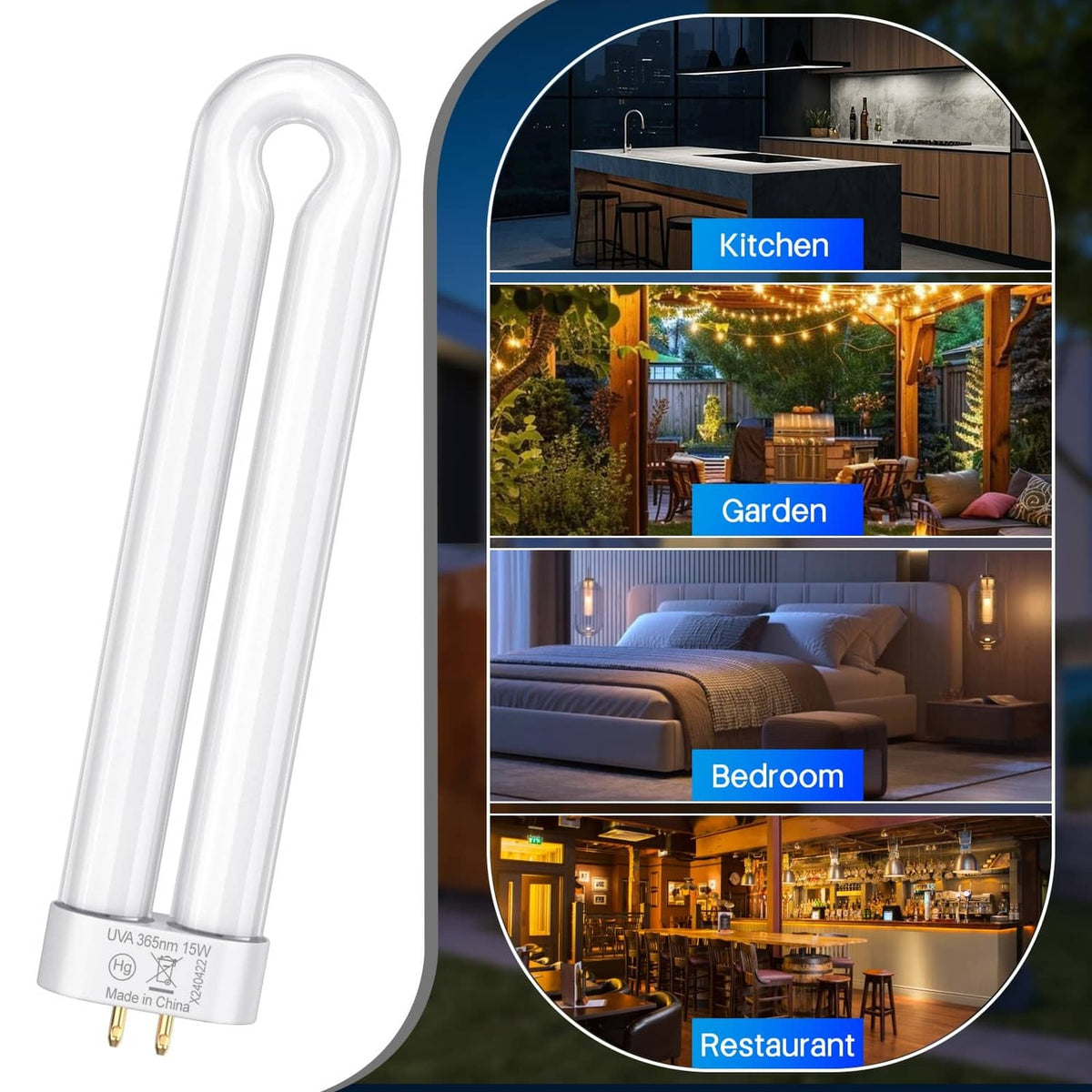 Clear replacement bug zapper bulb with gold pins, shown beside indoor and outdoor areas