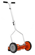Red push reel lawn mower with silver handle, orange deck, and front wheel