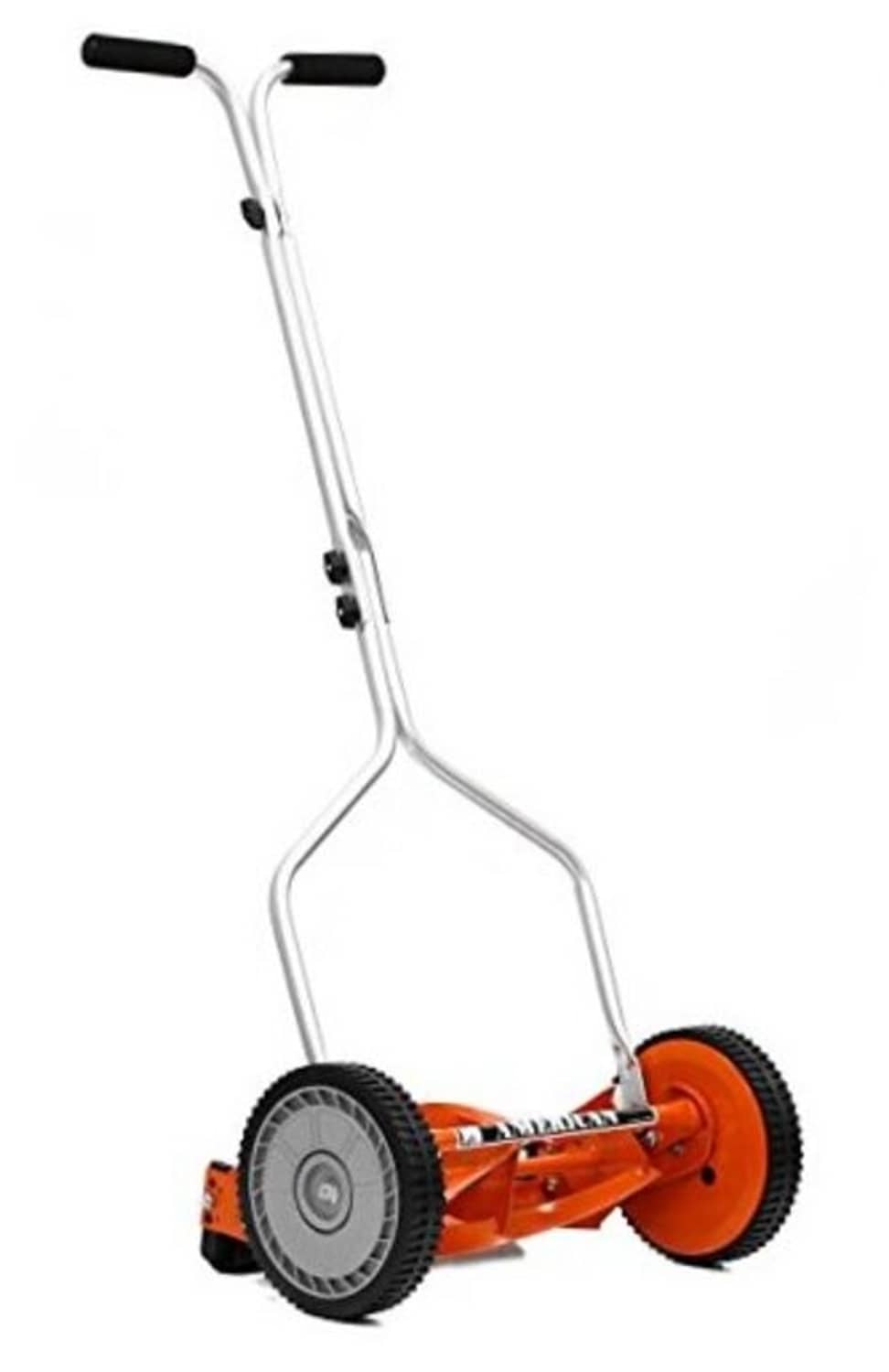 Red push reel lawn mower with silver handle, orange deck, and front wheel