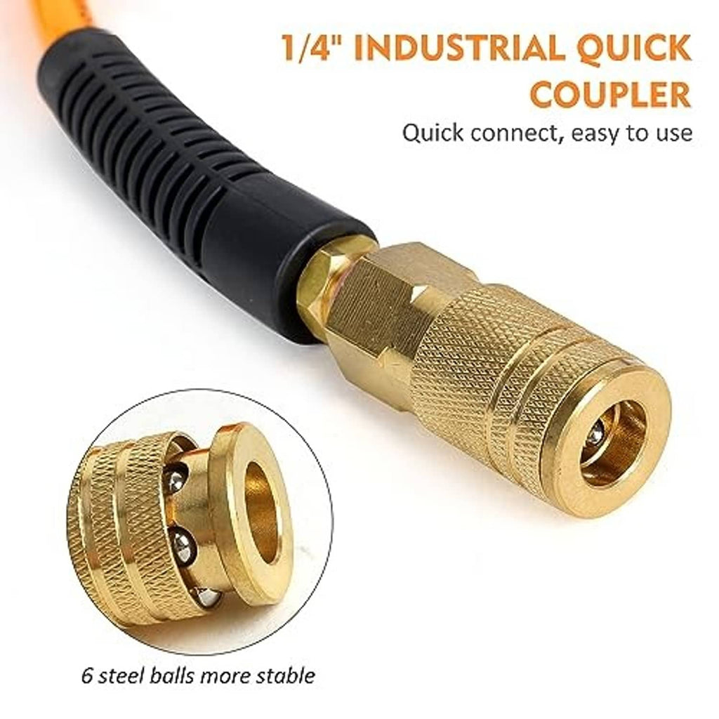 1/4 quick-connect air hose end with brass coupler, black ribbed protective sleeve