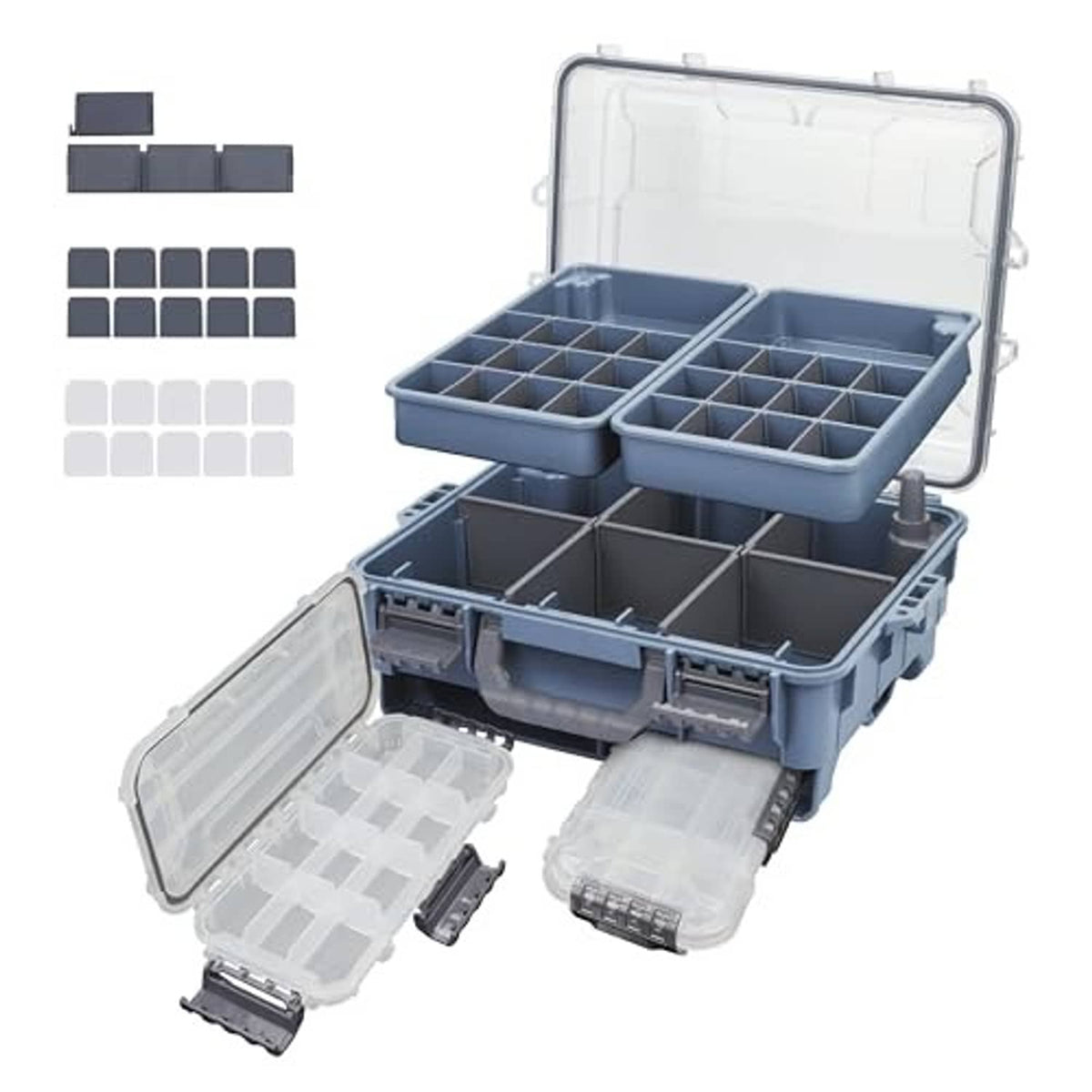 Blue tackle box open with two lidded internal organizer trays and divider slots
