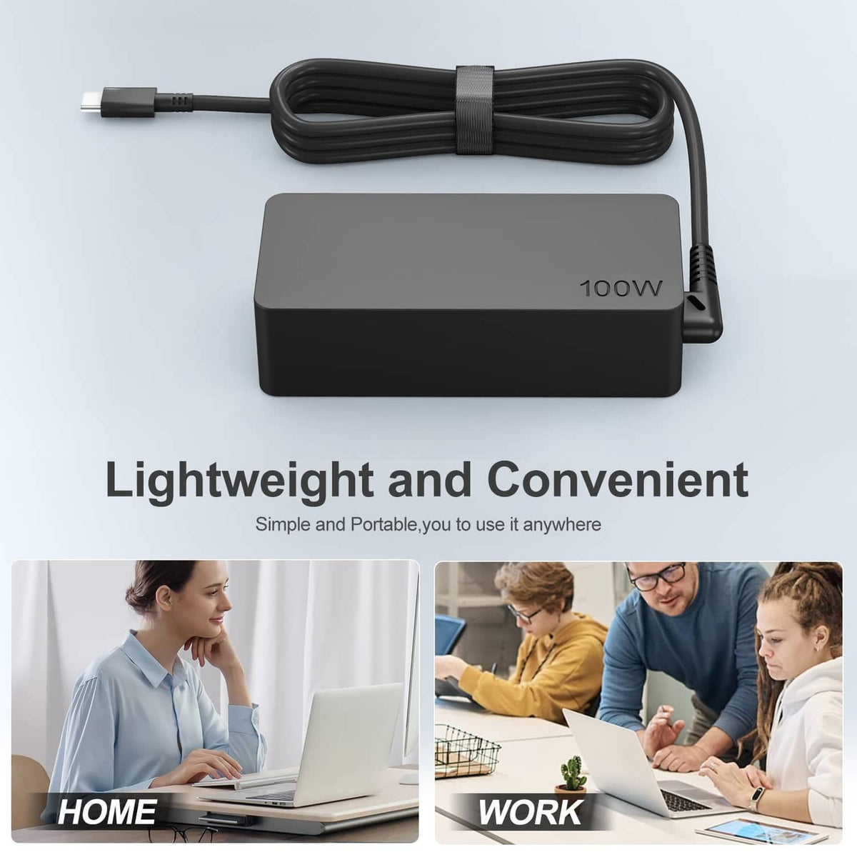 Black compact 100W USB-C charger with bundled power cord