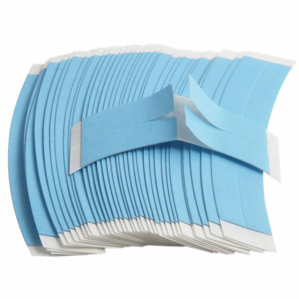 Blue double-sided wig tape strips, curved, in stacked 36-piece pack