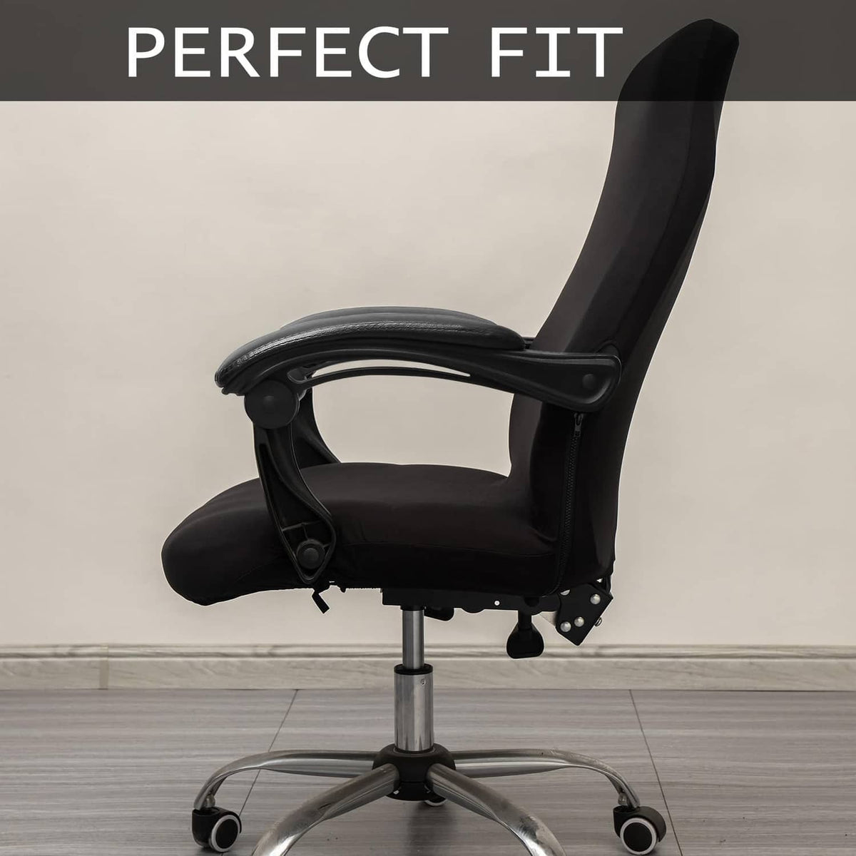 Black office chair cover for large size, snug fit over backrest and seat
