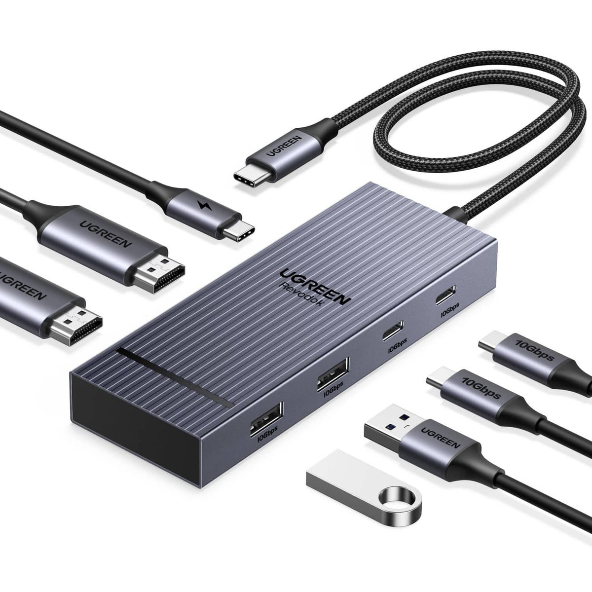 Black USB-C dual-monitor docking station with connected cables and front ports