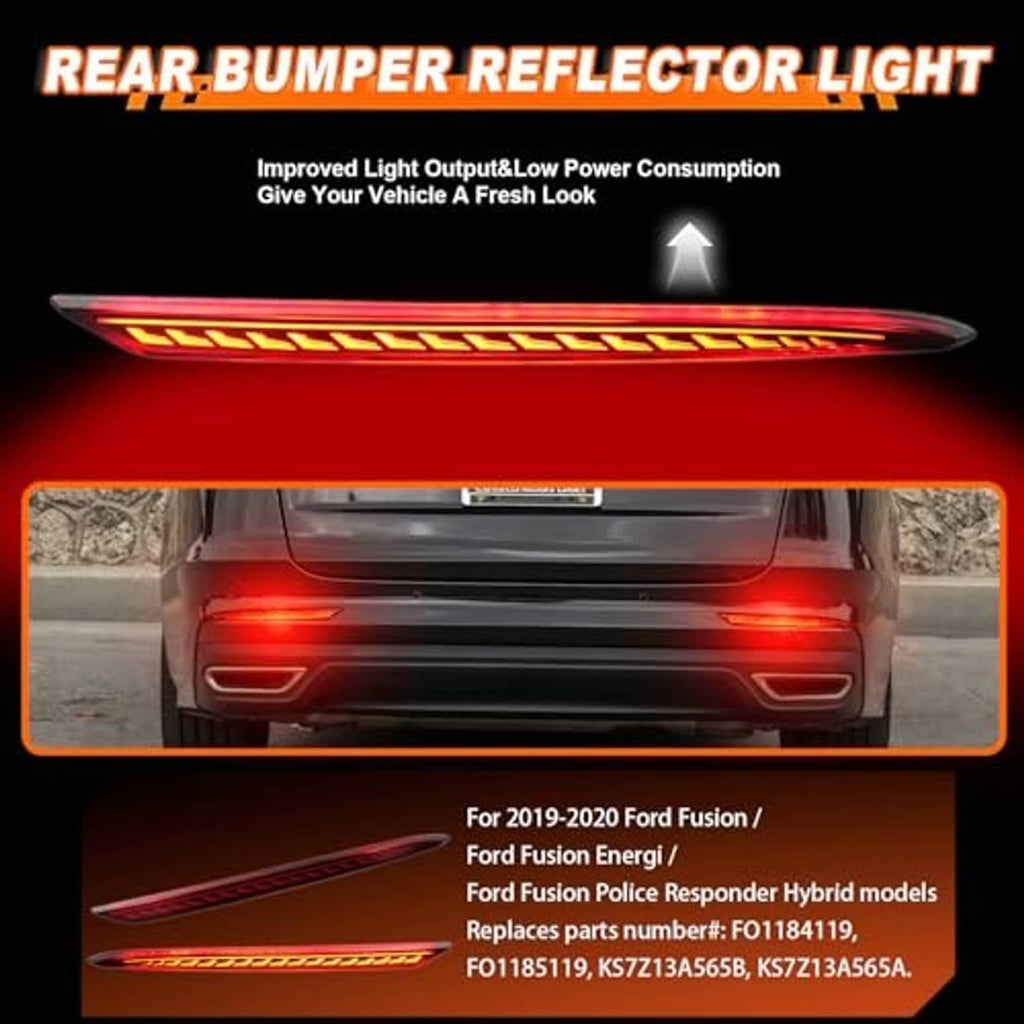 Rear bumper LED reflector light with red lens, illuminated horizontal brake/reflector bar