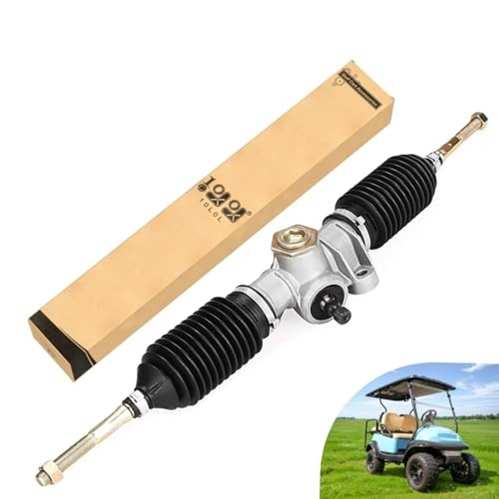 Steering rack assembly with black ribbed boots and silver central housing, boxed