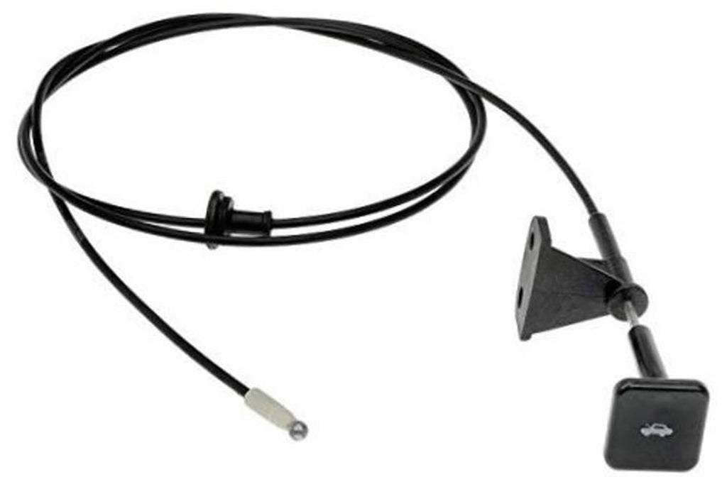 Black hood release cable with mounting bracket, black pull button, and cable end