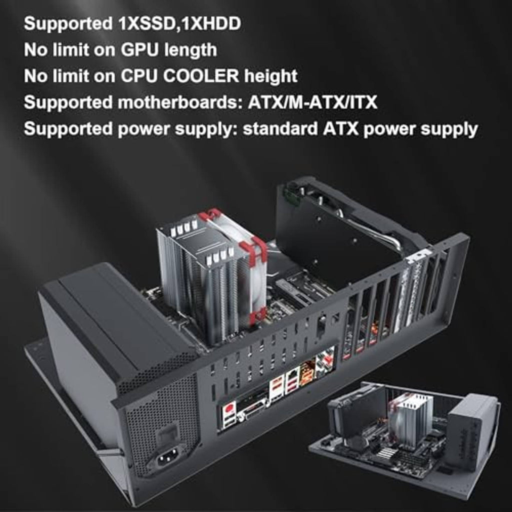 Open chassis PC case rack showing motherboard, CPU cooler, and GPU mounting spaces