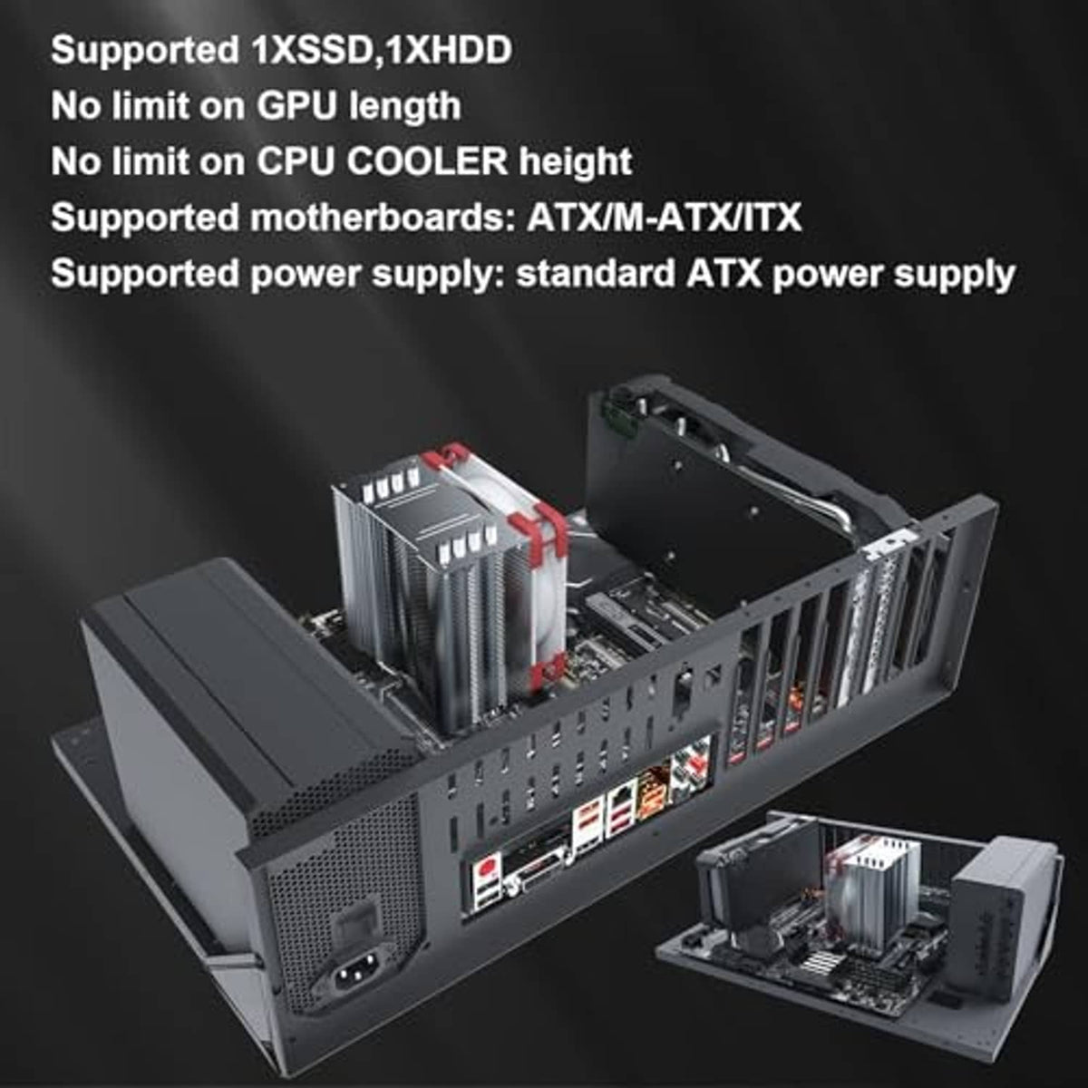 Open chassis PC case rack showing motherboard, CPU cooler, and GPU mounting spaces