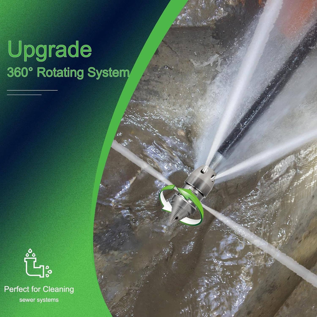 Stainless steel rotating sewer jetter nozzle creating a wide water spray pattern
