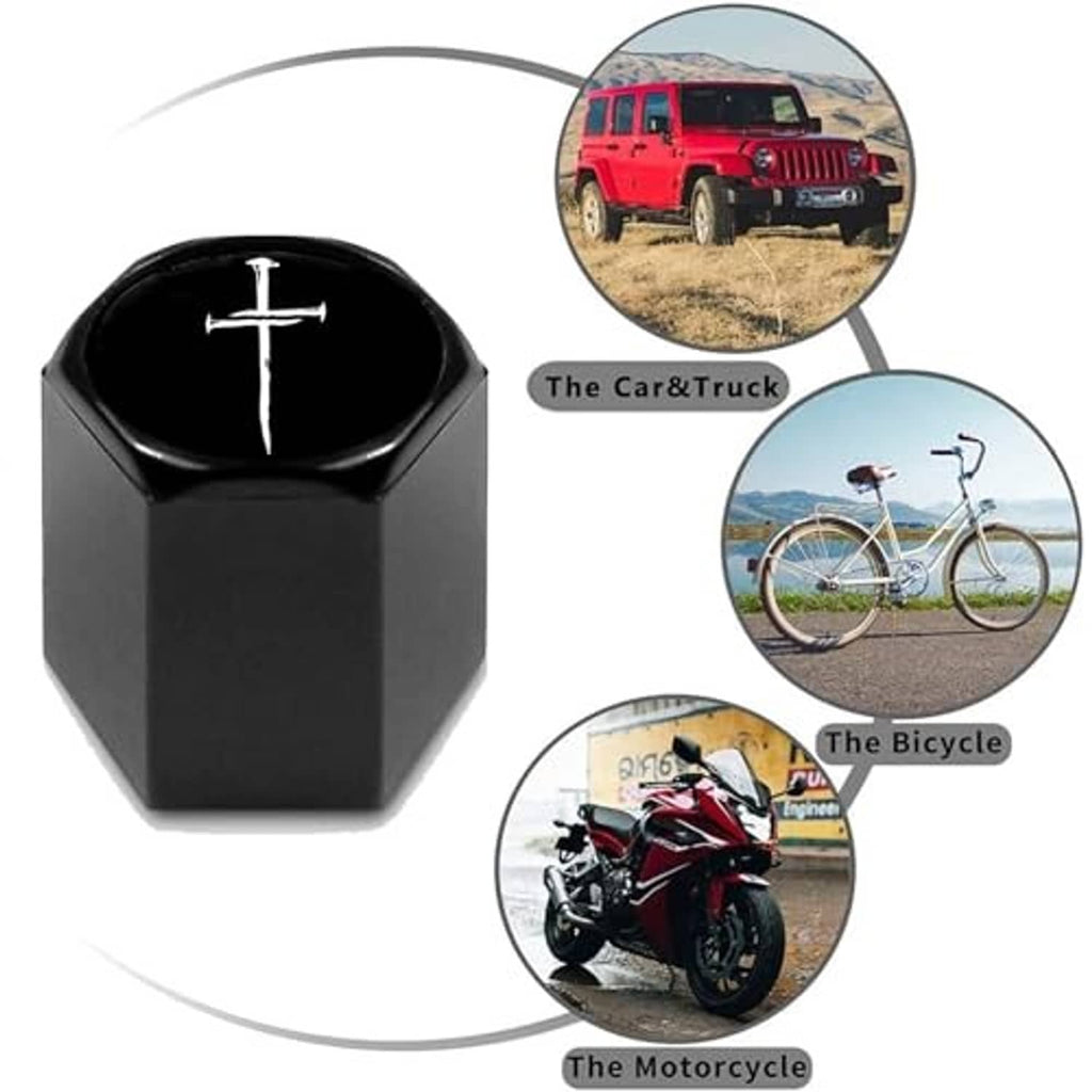 Black valve stem cap with silver cross icon, shown with vehicle, bicycle, and motorcycle insets
