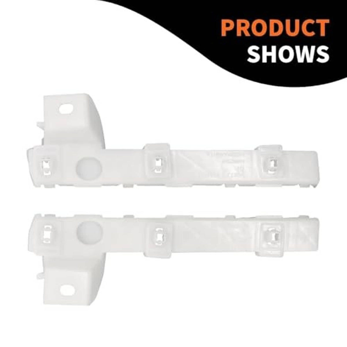 Pair of white plastic front bumper grille brackets with mounting holes and tabs