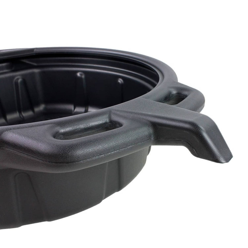 Portable oil drain pan with side spout and molded carry handle, black
