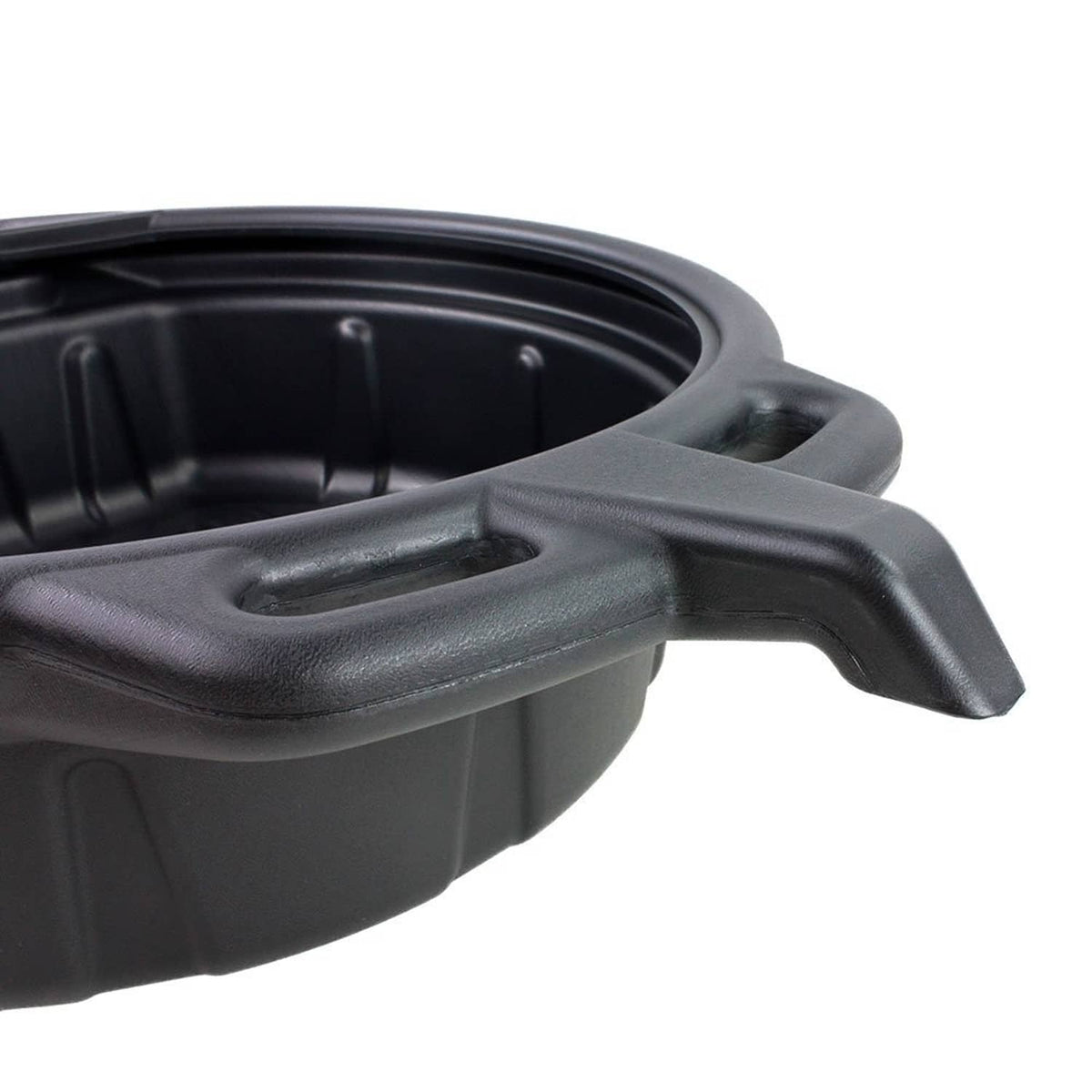 Portable oil drain pan with side spout and molded carry handle, black