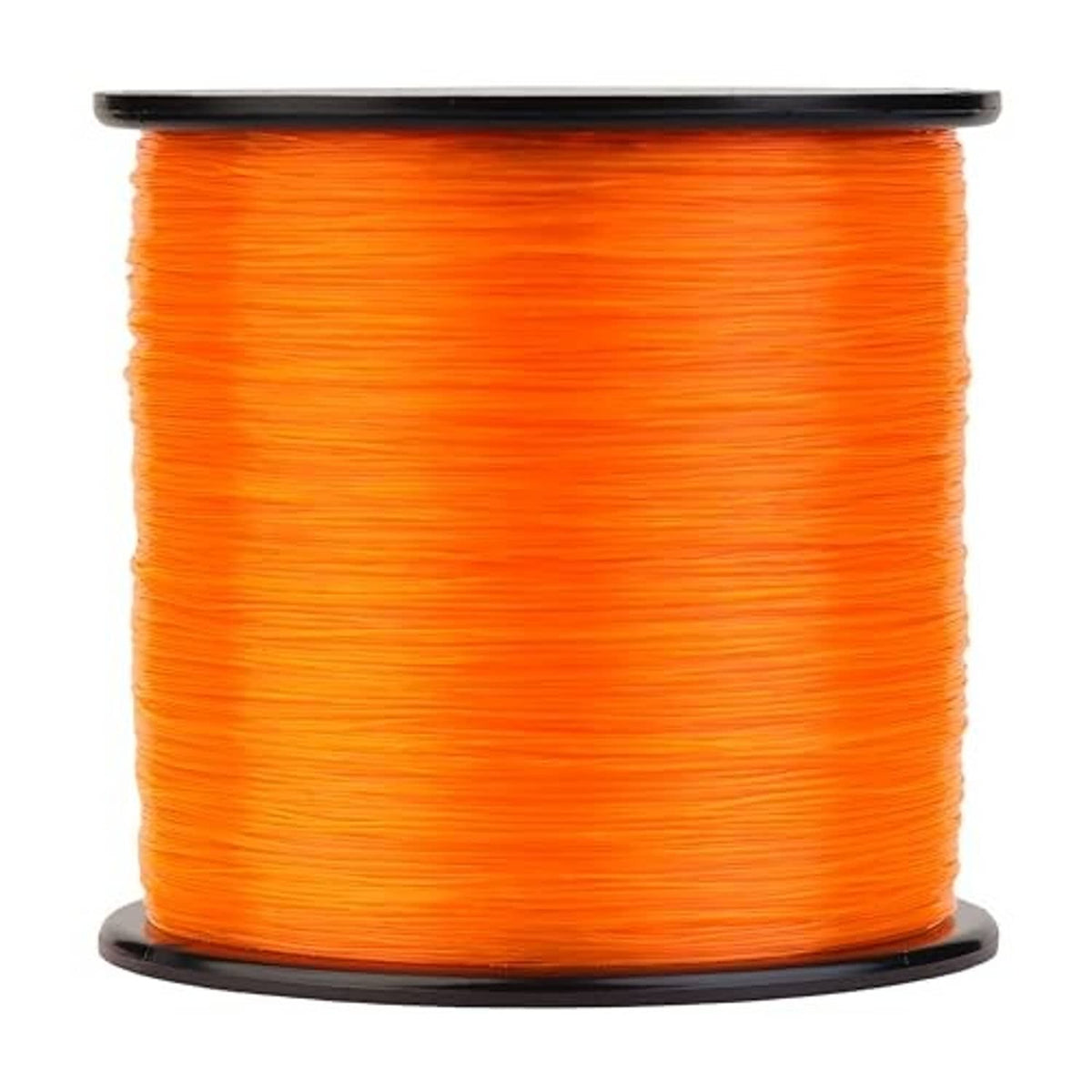 Blaze orange fishing line spool, side view with black top and base rim