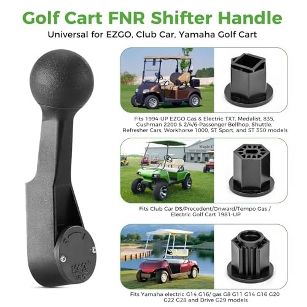 Black golf cart shifter handle lever with round knob and mounting base, side view