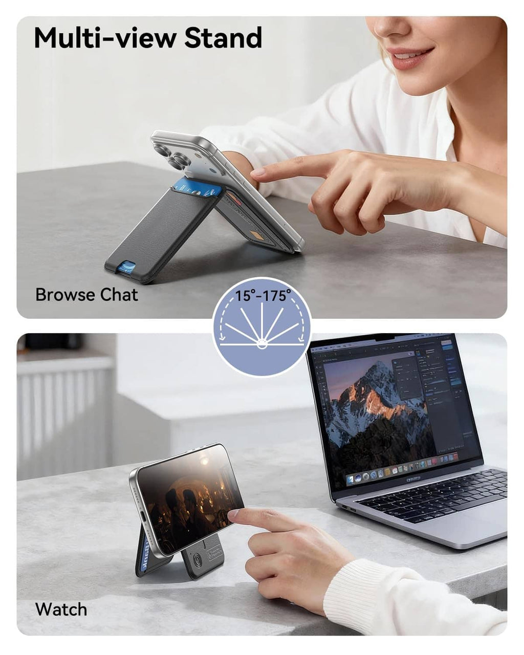 Black MagSafe wallet stand with adjustable multi-angle viewing for a phone