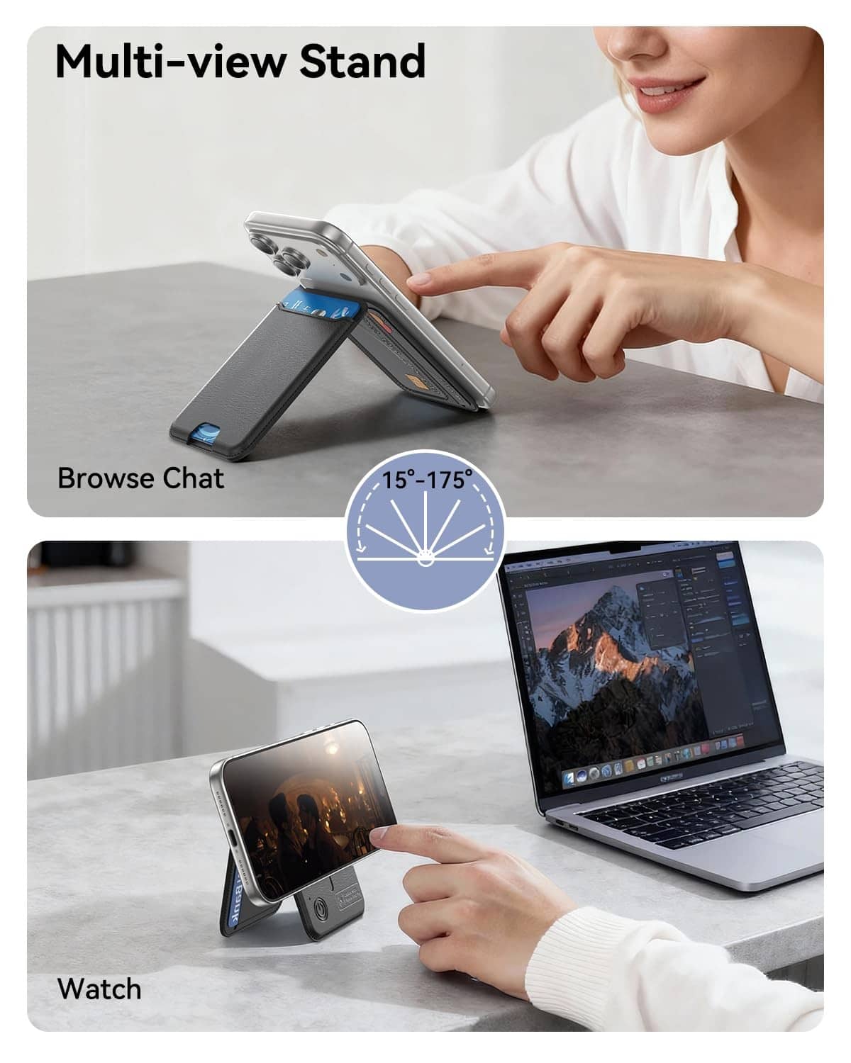 Black MagSafe wallet stand with adjustable multi-angle viewing for a phone