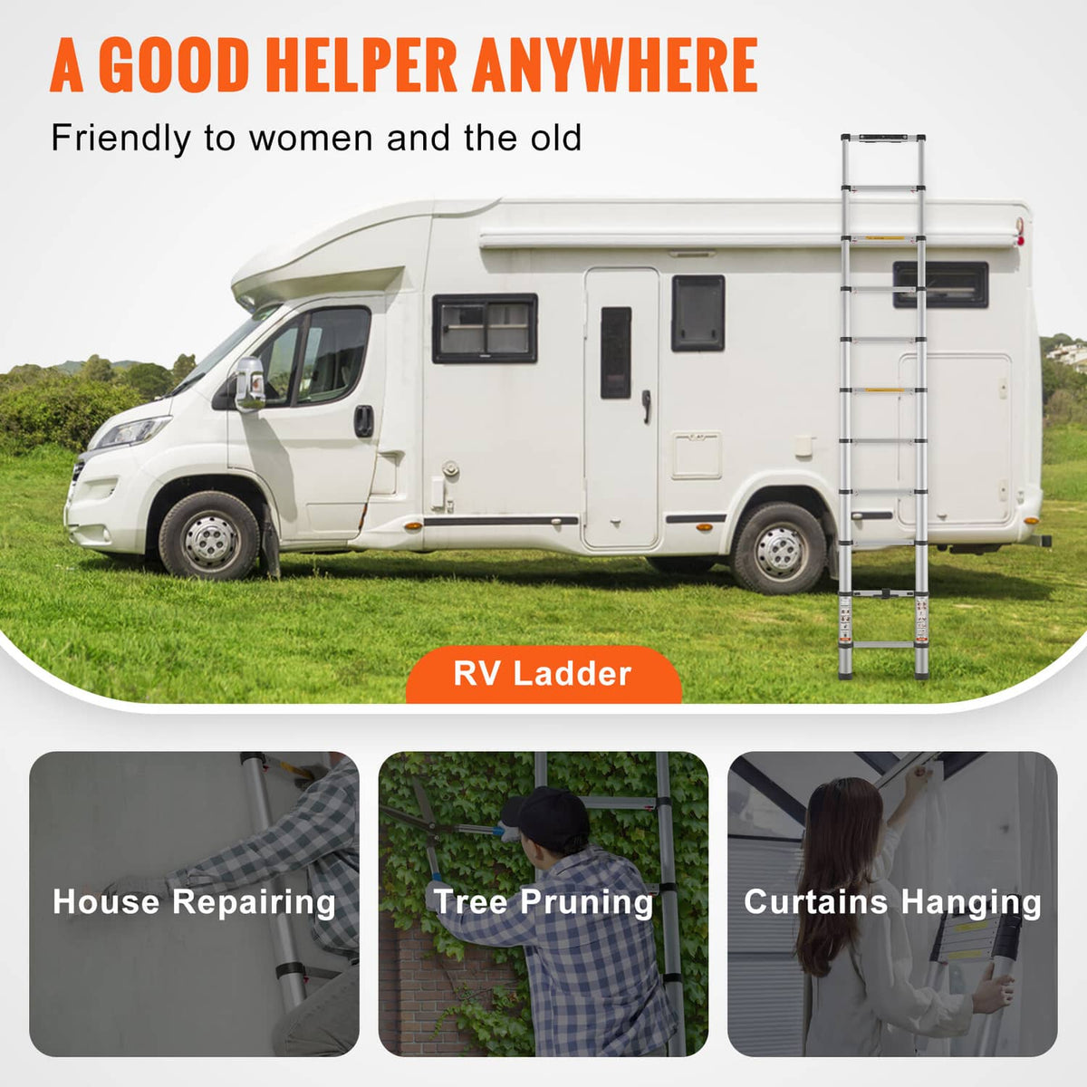Telescoping extension ladder with black strap, shown alongside an RV for setup