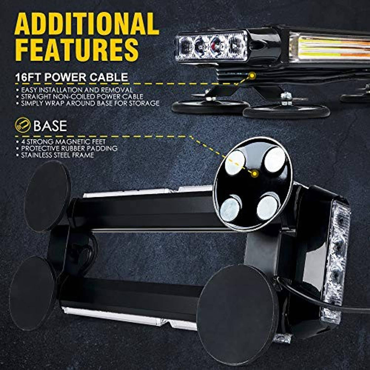 LED strobe light bar with magnetic base mounts and 15 ft installation cable