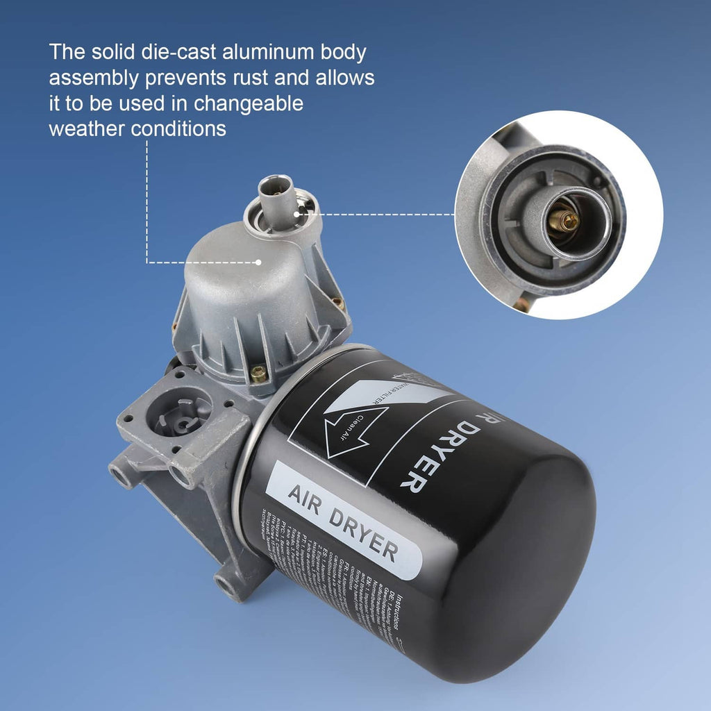 Air dryer assembly with gray die-cast body and black canister, side with cutaway detail