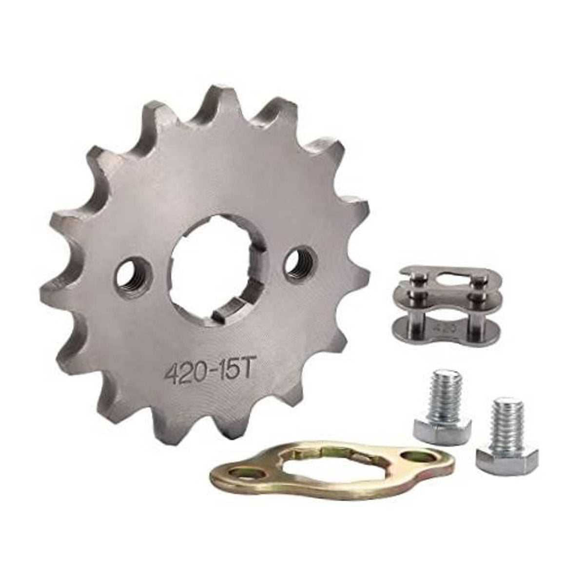 Silver front motorcycle sprocket with 20mm fit, labeled 420-15T, with mounting hardware and chain clip