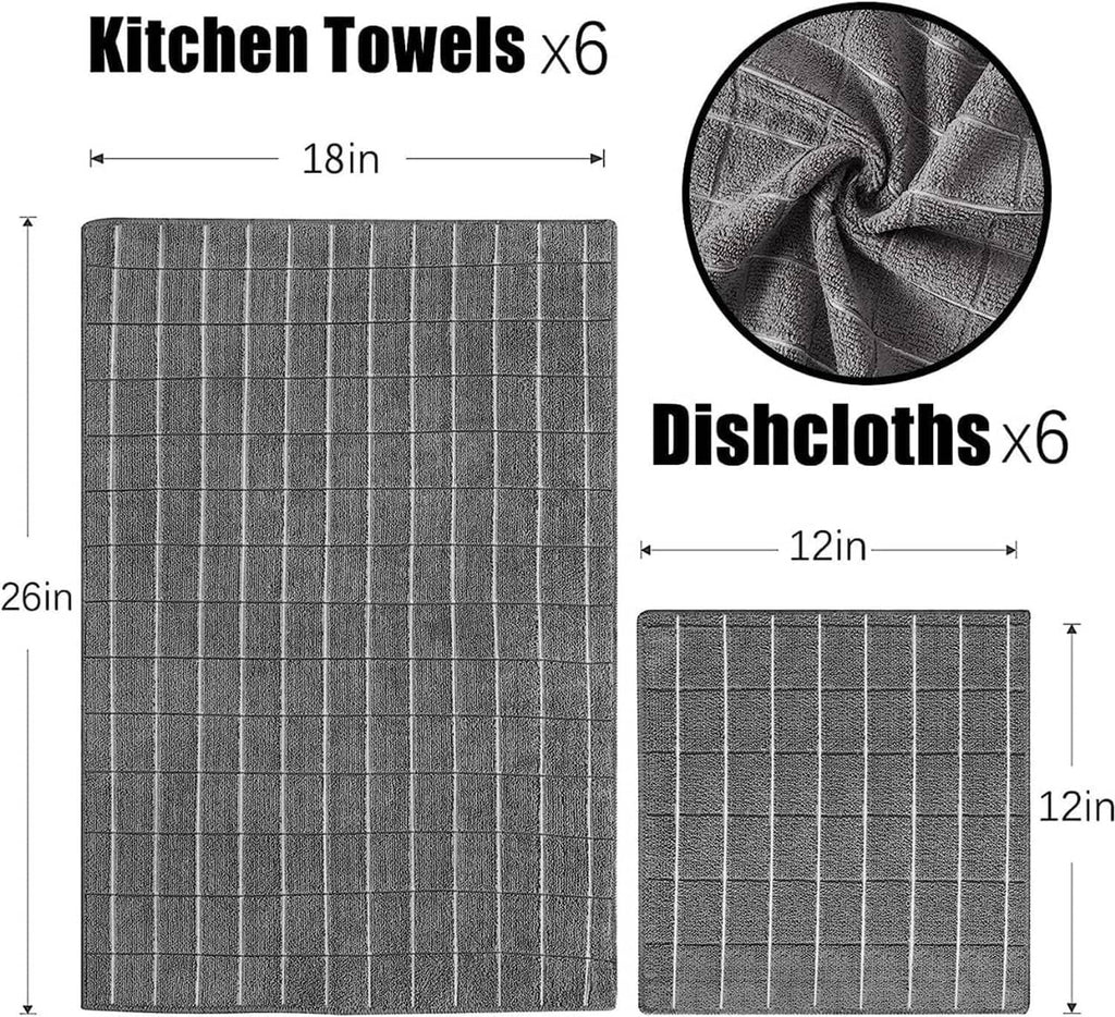 Grey microfiber kitchen towel and dishcloth set shown flat with size measurements.
