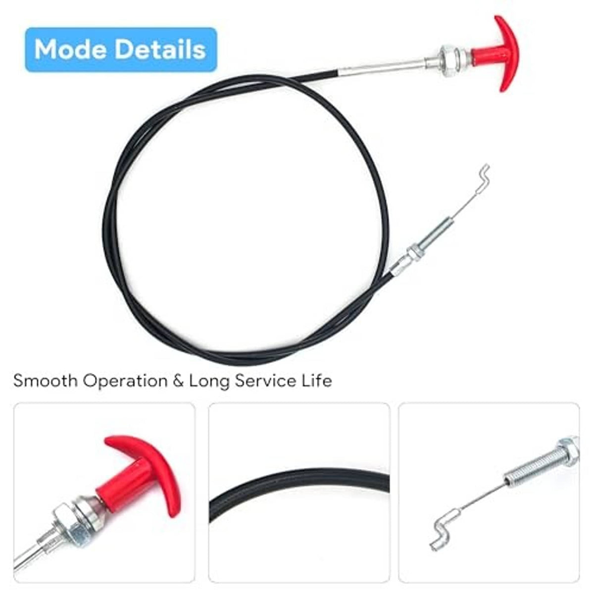 Reverse clutch cable with red T-handle, black looped cable, and silver spring end