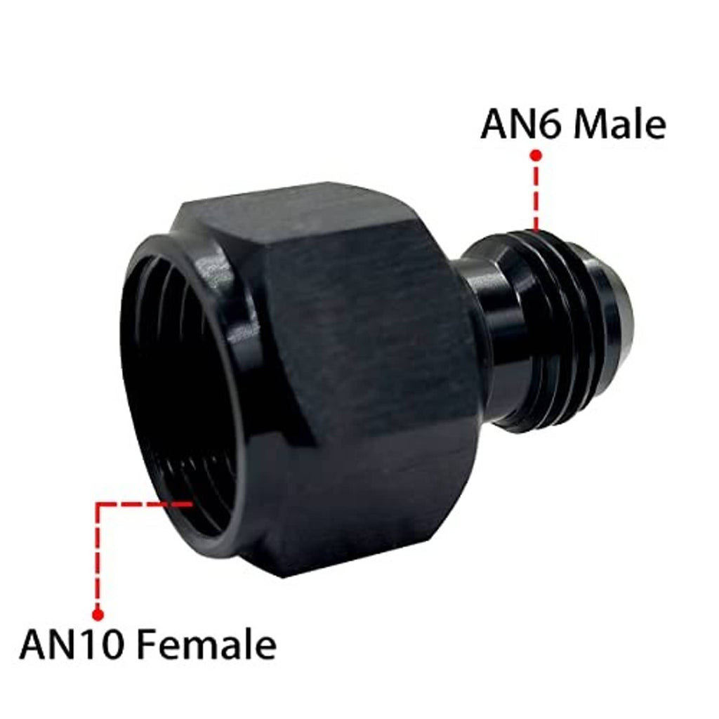 Black AN10 female to AN6 male flare reducer adapter, labeled ports and threaded connection