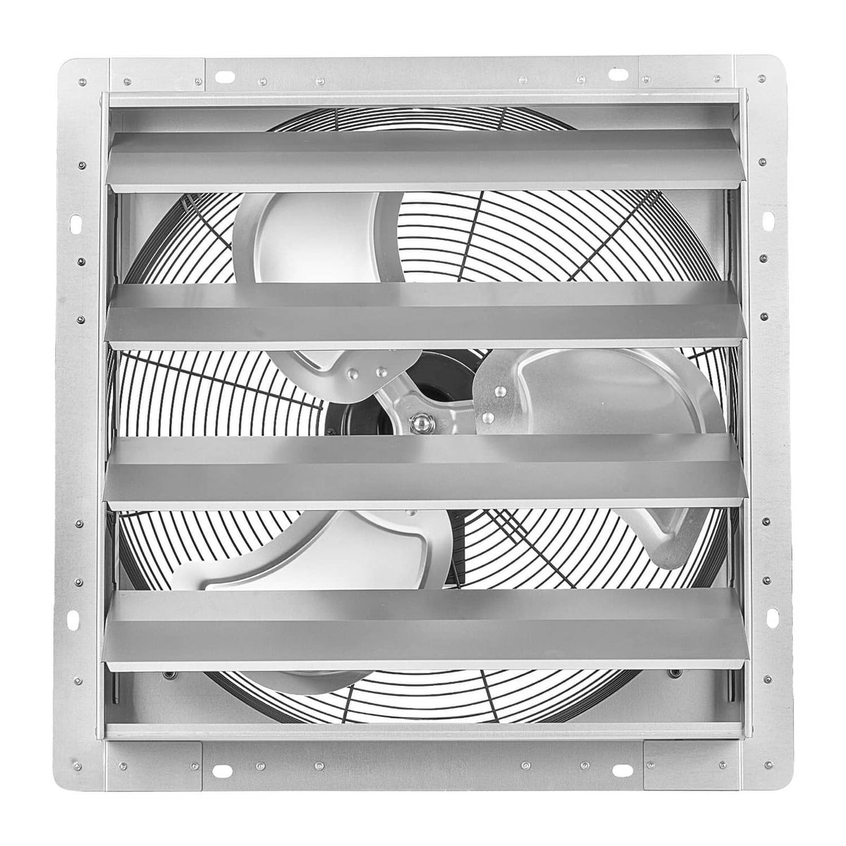 Steel wall-mounted exhaust fan with louvered shutter and circular fan blades