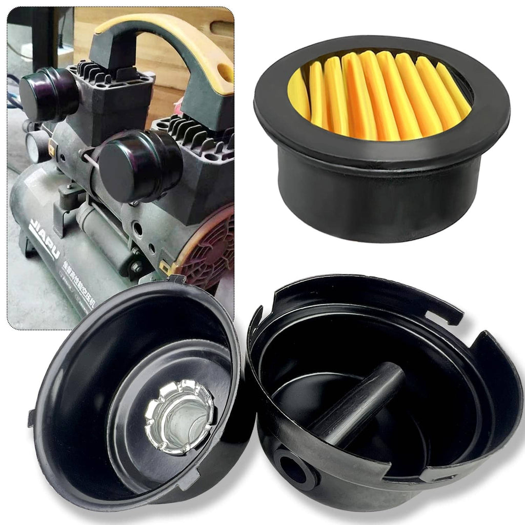 Air compressor silencer muffler pair with black housings and yellow pleated filter inserts