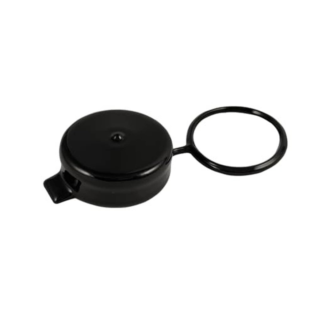 Black gas cap cover with tether loop, angled view