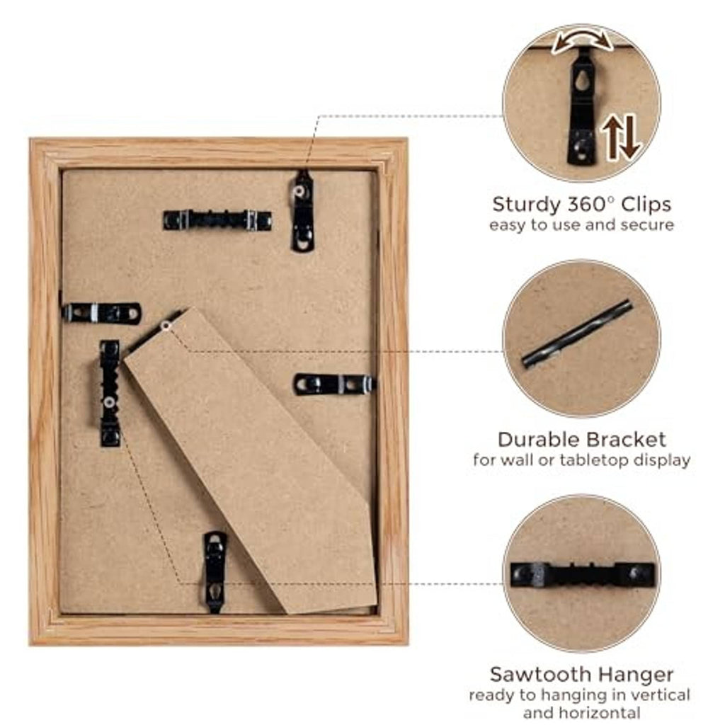 Oak 5x7 picture frame back with hanging bracket and sturdy metal clips