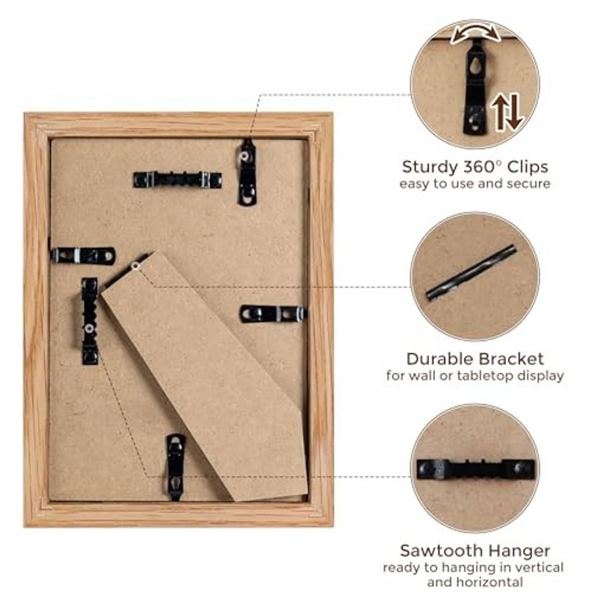 Oak 5x7 picture frame back with hanging bracket and sturdy metal clips