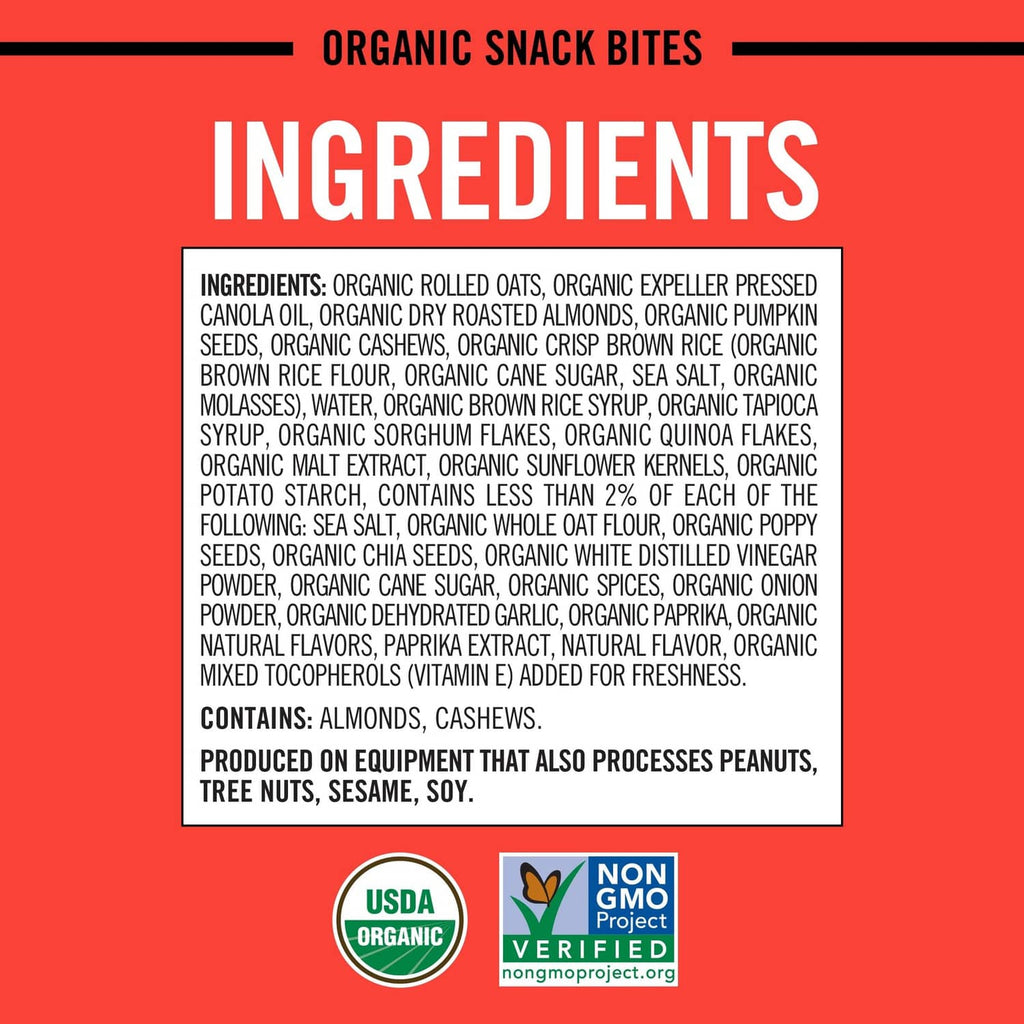 Organic snack bites ingredients label on pouch with USDA organic and non-GMO icons