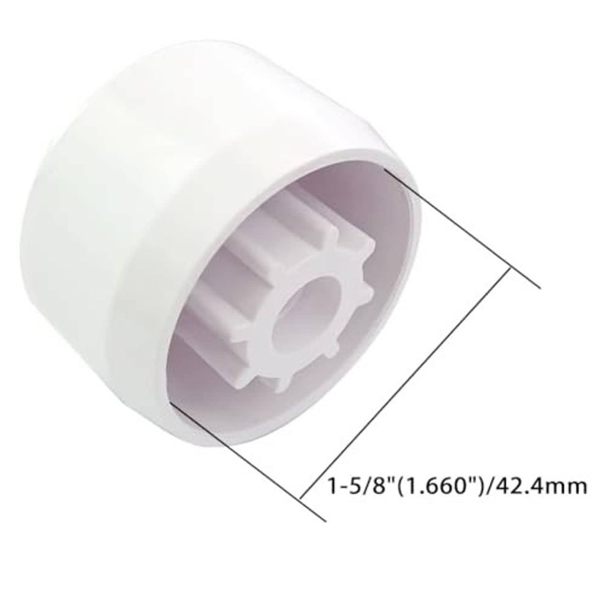 White caster pipe cap fitting with open end and gear-style inner socket, 1-5/8 in