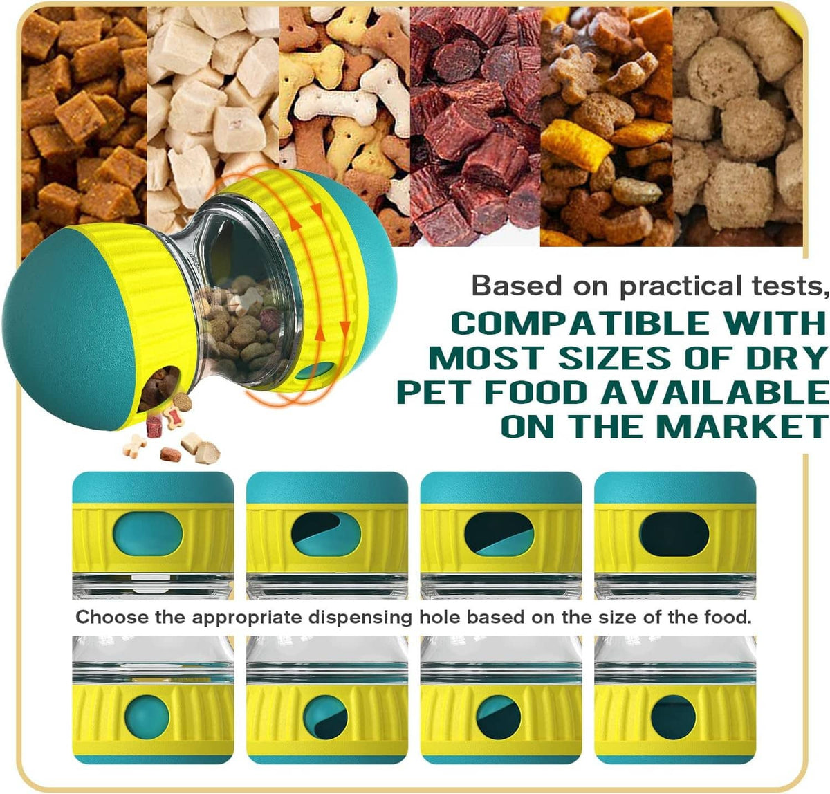 Teal and yellow treat dispensing ball dog toy with clear drum and kibble inside